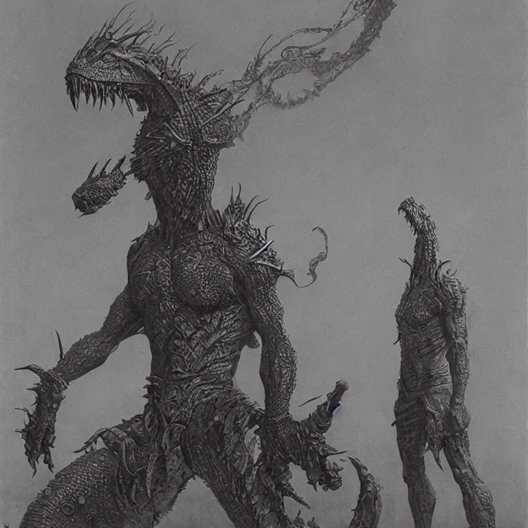 Prompt: lizardman warrior concept, tribal, beksinski an moebius