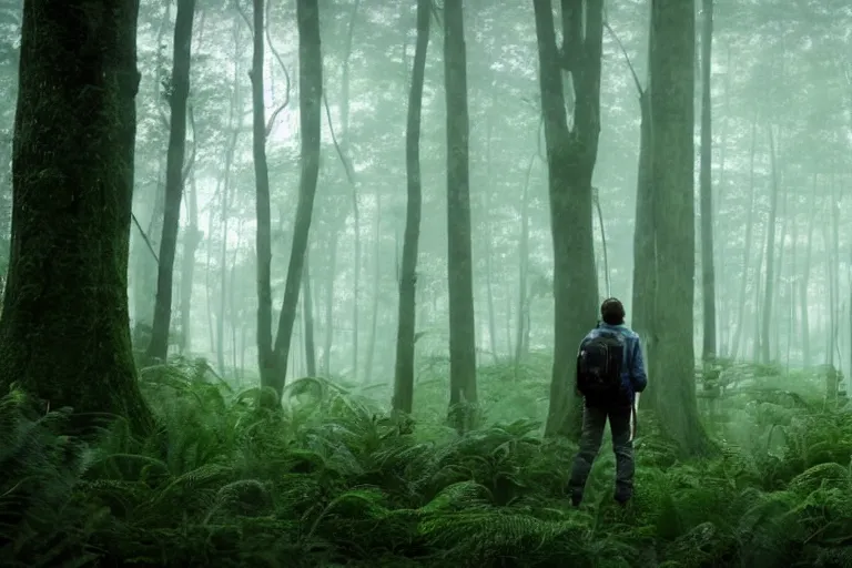 Image similar to a hiker staring at a complex organic fractal 3 d ceramic sphere floating in a lush forest, foggy, cinematic shot, photo still from movie by denis villeneuve