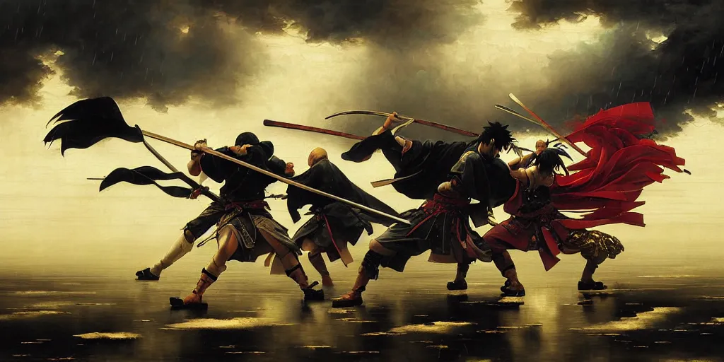 Prompt: baroque oil painting of key visual large samurai battle, rain, brutalist fantasy, rule of thirds golden ratio, fake detail, trending pixiv fanbox, acrylic palette knife, style of makoto shinkai takashi takeuchi yoshiyuki sadamoto greg rutkowski chiho aoshima