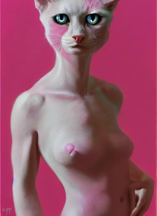 Image similar to a portrait of a pink cat hybrid woman wearing clothes, art by boris vallejo and greg danton and denys tsiperko, detailed, hyperrealism, artstation