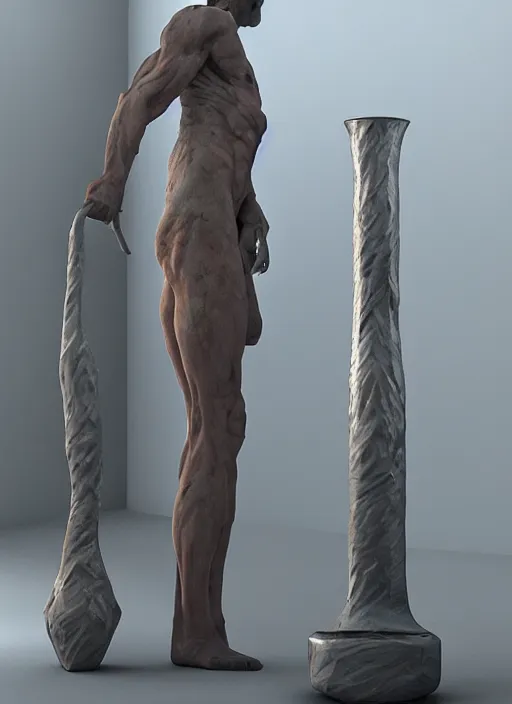 Image similar to a sculpture of a man standing next to a tall vase, a raytraced image by Hikari Shimoda, polycount, video art, vray tracing, ray tracing, rendered in unreal engine