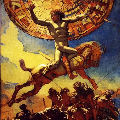 Image similar to Tragic Portrait of Phaethon the Demigod losing control of the chariot chariot that is the sun careening through the zodiac filled stratosphere norman rockwell guillem h. poniluppi howard pyle Ilya Repin Michelangelo Buonarotti Leonardo Da Vinci rodin greg rutkowski james gurney tombow masterpiece fresco quadratura Trompe-lœil