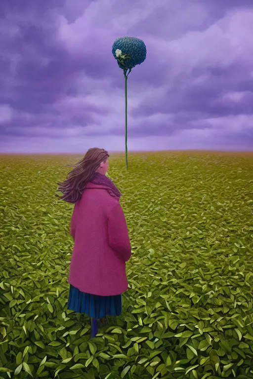 Image similar to portrait, giant flower head, a girl with coat between hedges, surreal photography, wind and cold, dramatic sky, impressionist painting, digital painting, artstation, simon stalenhag