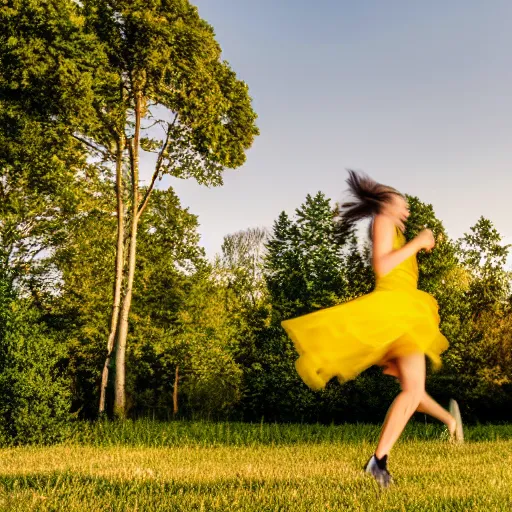 Image similar to a woman running sideways at night in a yellow dress in the center of the frame, dark hair, Slavic barn, bushes and trees in the background, realistic photo, 4K, 35 mm