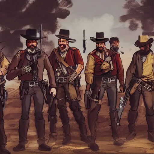 Image similar to a gang of mercenaries in the wild west, posing for a group photo, cool, stylized, colorized, concept art, key visual