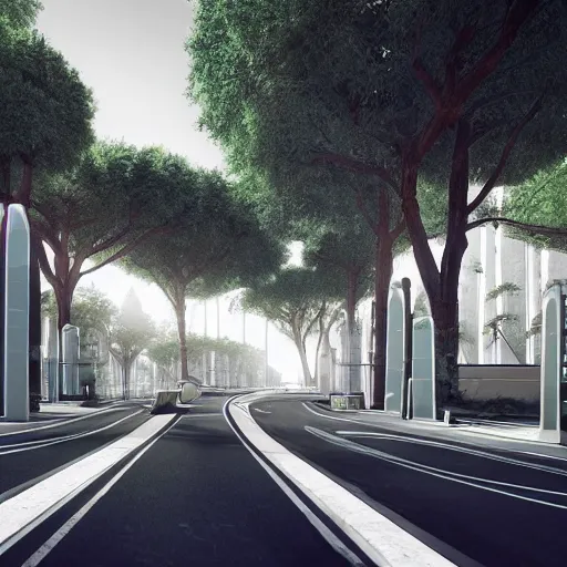 Prompt: futuristic city of Rome (as designed by Apple), Grey and White roads with green trees, octane render, 4K