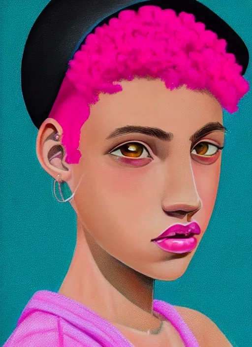 Image similar to portrait of teenage vanessa morgan with bright pink hair, black girl, curly pixie cut hair, wearing newsboy cap, pink short haircut, newsboy cap, hoop earrings, blue eyes, intricate, elegant, glowing lights, highly detailed, digital painting, artstation, concept art, smooth, sharp focus, illustration, art by wlop, mars ravelo and greg rutkowski