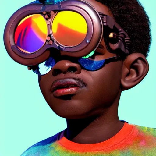 Prompt: colourful vfx upper half - portrait - art of a nigerian boy wearing steam punk goggles, art by katsuhiro otomo & james jean, digital render, digital illustration, concept art, caricature, volumetric light, ray tracing, symmetrical, unreal engine, octane 3 d render, sharp, detailed, intricate detail, pinterest, behance, art station,