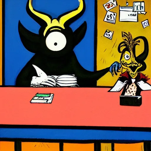 Prompt: an oil painting of an exhausted baphomet at an office desk, in the style of gary baseman, robert crumb, jim henson, expressionism