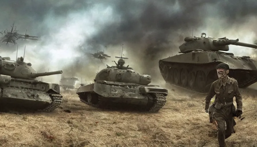 Image similar to big budget movie about a world war 2 where zombies are attacking a tank