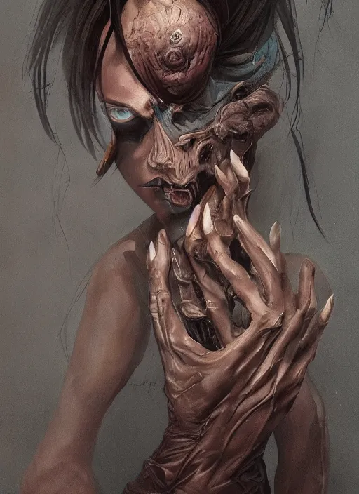 Image similar to dark portrait painting of tracer from overwatch, in style of zdzisław beksinski, scary, horror, 4 k, feminine facial features, overwatch tracer character, horror, body horror, disturbing, detailed face, dressed in dark garment, black tendrils, tall,