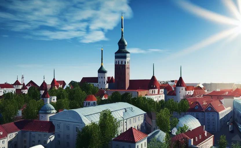 Prompt: photorealistic Tallinn on a sunny day . daylight. sunlight. lens flare. light fixtures. 8K. detailed. photorealism. artstation. 25mm f/1.7 ASPH Lens. ultra realistic