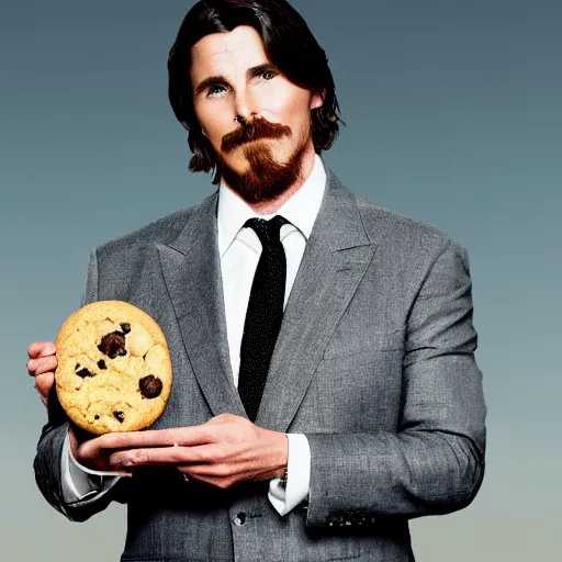 Image similar to Christian Bale wearing a suit whilst holding a cookie, film poster, 4k, award winning