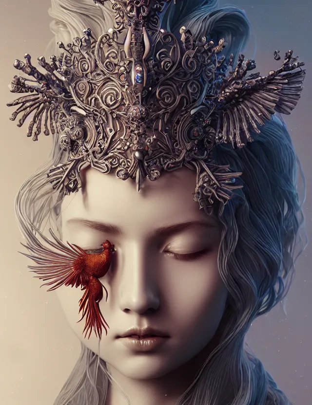 Image similar to symmetrical, centered, zbrush sculpt of goddess close-up portrait wigh crown made of skulls. phoenix betta fish, phoenix, bioluminiscent creature, super intricate ornaments artwork by Tooth Wu and wlop and alena aenami and greg rutkowski