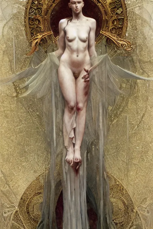 Image similar to a full body portrait of a beautiful ethereal delicate roman mage queen meditative sacral pose catholic stages of the cross, intricate, elegant, highly detailed, digital painting, artstation, concept art, smooth, sharp focus, illustration, art by krenz cushart and artem demura and alphonse mucha