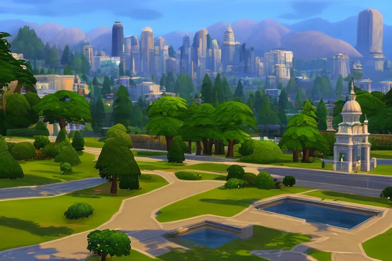 Image similar to serene landscape with a city on the Background in the style of Sims 4