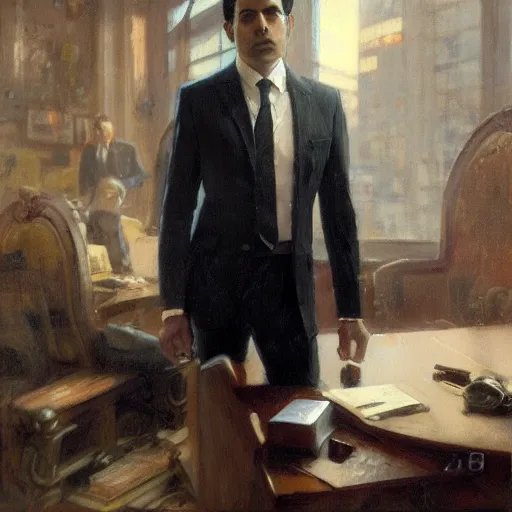 Prompt: detailed cinematic wide shot of sucession atractive man black hair black suit smooth, sharp focus, ultra realistic, in corporate office spring light, painting by gaston bussiere, craig mullins, j. c. leyendecker