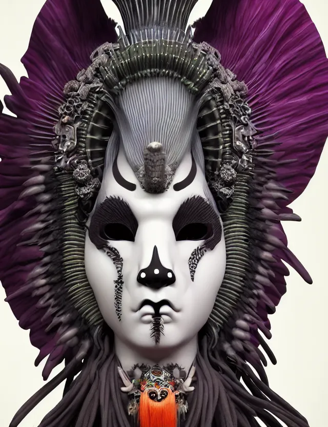 Image similar to 3 d goddess close - up profile portrait punk with mohawk with ram skull. beautiful intricately detailed japanese crow kitsune mask and clasical japanese kimono. betta fish, jellyfish phoenix, bio luminescent, plasma, ice, water, wind, creature, artwork by tooth wu and wlop and beeple and greg rutkowski