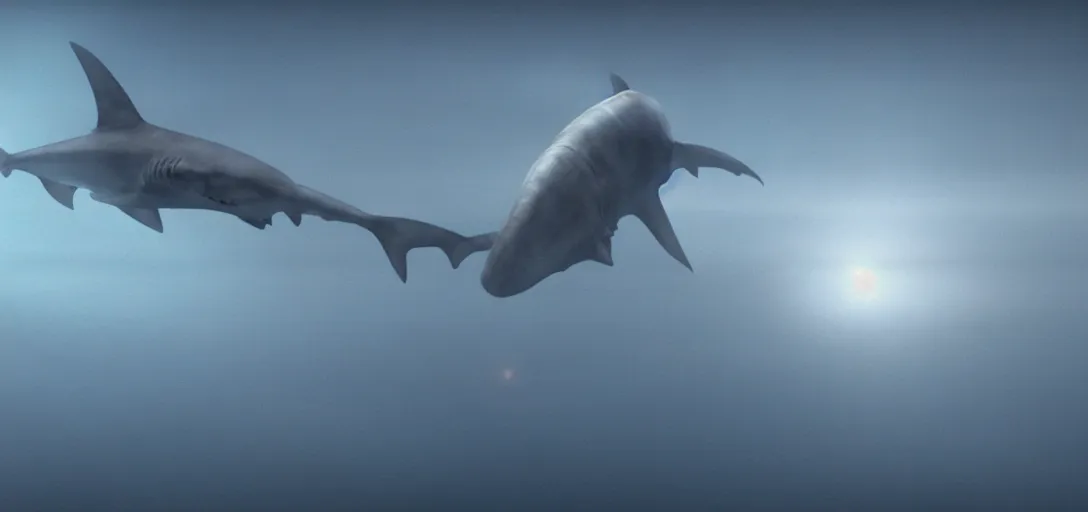 Prompt: a robotic ghost shark flying over jupiter, foggy, cinematic shot, photo still from movie by denis villeneuve, wayne barlowe