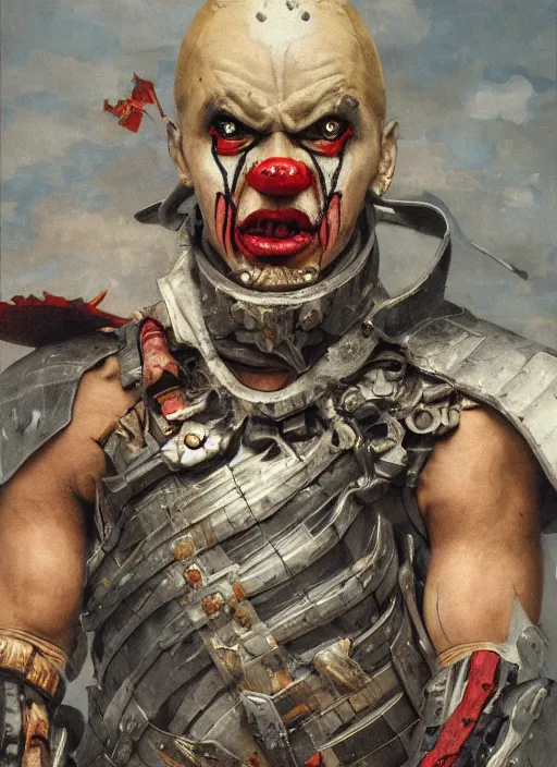 Image similar to portrait of a diabolical cyborg clown samurai, torn cape, adaptive armor, dynamic pose, heavy eyes to the side, ancient ruins, glowing veins subsurface scattering, in clouds, sunset, portrait, by gerald brom, by mikhail vrubel, by peter elson, muted colors, extreme detail, reflections, trending on artstation, 8 k