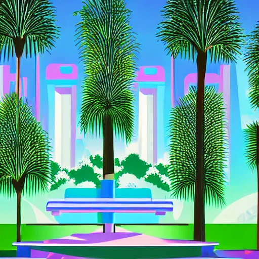 Image similar to art deco vaporwave illustration of a park with trees, benches, and a water feature, in a futuristic pastel city