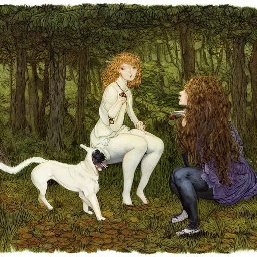 Prompt: girl with curly blonde hair sits in a forest with a white pitbull next to her, highly detailed, painting by rebecca guay