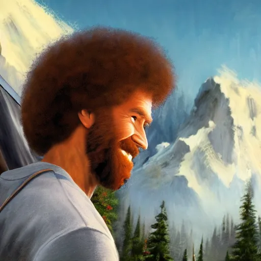 Image similar to a closeup photorealistic photograph of bob ross working on a canvas painting of spiderman. film still. brightly lit scene. mountains and trees. this 4 k hd image is trending on artstation, featured on behance, well - rendered, extra crisp, features intricate detail, epic composition and the style of unreal engine.