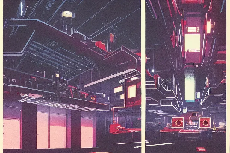 Prompt: a 1979 cover of OMNI magazine depicting an empty warehouse with VR headsets displayed from the ceiling. Neo-Tokyo. Cyberpunk style art by Vincent Di Fate.