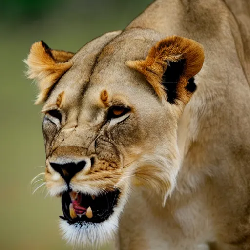 Prompt: a lioness, looking intensely at the camera, licking her mouth, 4 k, nature photograph