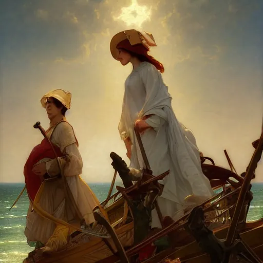 Image similar to Pilgrims crossing the Atlantic to the new world masterpiece 4k digital illustration by Ruan Jia and Mandy Jurgens and Artgerm and william-adolphe bouguereau, award winning, Artstation, art nouveau aesthetic, Alphonse Mucha background, intricate details, realistic, panoramic view, Hyperdetailed, 8k resolution, intricate art nouveau