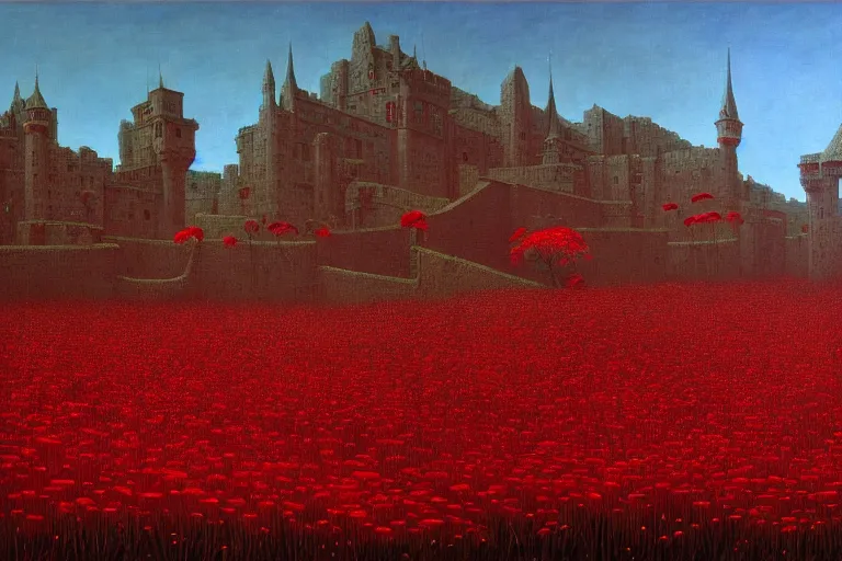 Image similar to only with red, red flowers of different types, a castle in the background, red orcs and trolls dance over the flowers, in the style of beksinski, part by hopper, part by rodcenko, part by hofbauer, intricate composition, red by caravaggio, insanely quality, highly detailed, masterpiece, red light, artstation