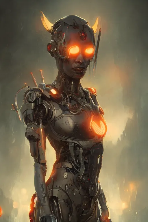 Image similar to a cyborg demon girl, flawless symmetrical pretty cute face, greg rutkowski, 8 k, shallow depth of field, intricate detail, concept art,