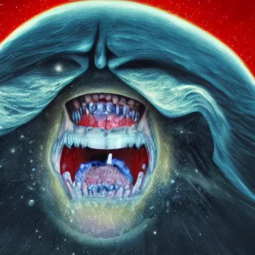 Image similar to Donald Trump, angry, swallowing a whole galaxy, 4k, highly detailed, macabre, ominous