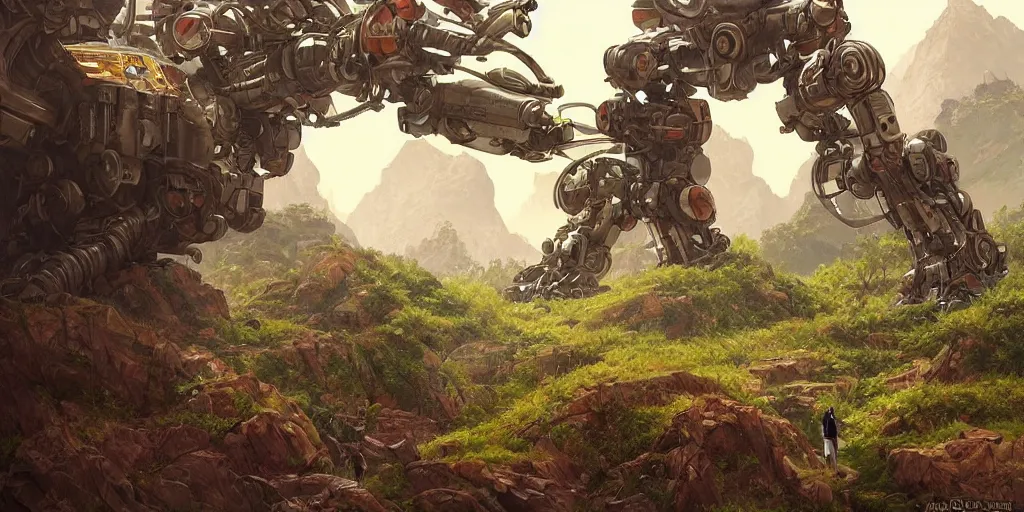 Prompt: robotic mechas in highly detailed alien planet with lush vegetation, deserts and mountains, artgerm, cgsociety