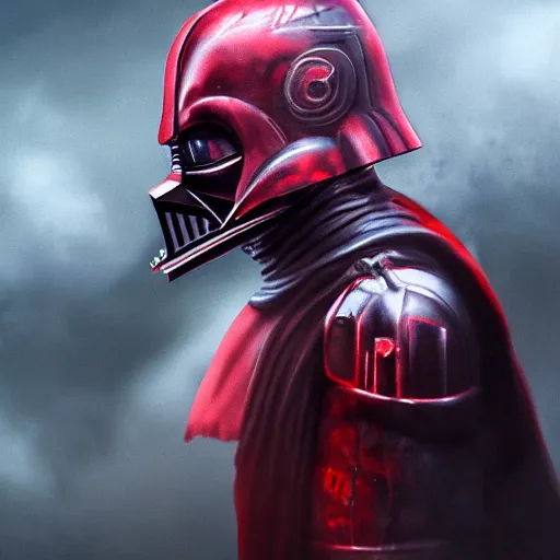 Prompt: extremely detailed depiction of rogue Darth Vader with a blood smeared mask, assassin, tattered, battered, glowing crimson head, crimson fire head, Ultron, fantasy art, fog, cinematic pose, 8k, villain