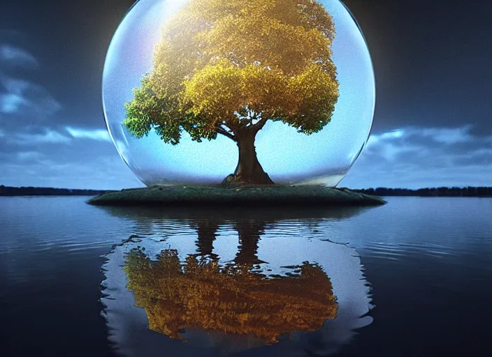 Image similar to glowing transparent crystal ball on a beautiful lake, radiant light, tree of life inside the ball, intricate details, reflections on the water, ripples, moody sky, hyperdetailed illustration by mark brooks, by yuumei, unreal engine 5, low light