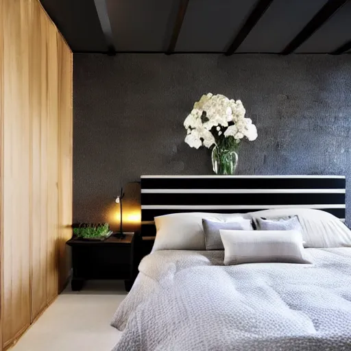 Image similar to bedroom, stone, interior design, stylish luxury hotel bedroom design, yakisugi, black vertical slatted timber, textures, feminine, black walls, art, Japanese pottery vase with flowers, kakejiku, seasonal, Japanese influences