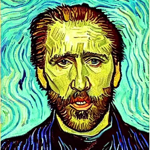 Image similar to nic cage in the last supper as painted by vincent van gogh