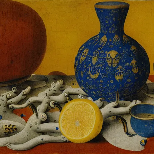 Image similar to fractal vintage alien valley disk quail uth urn lemon, by pieter bruegel the elder and banksy and yves klein, an art deco, detailed painting, rococo