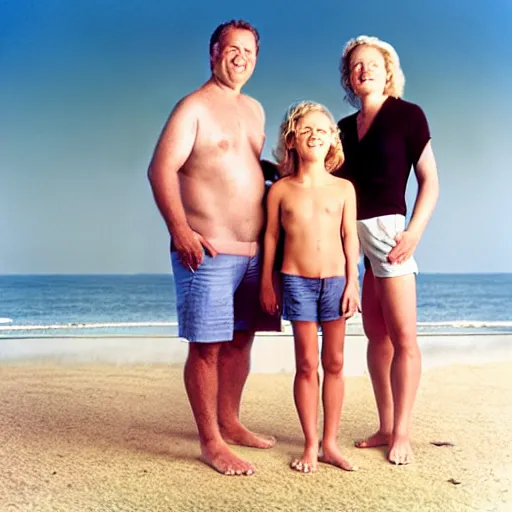 Image similar to portrait of a happy family at the beach wearing clothes, outdoor lighting, realistic, smooth face, perfect eyes, wide angle, sharp focus, high quality, professional photography, photo by annie leibovitz, mark mann