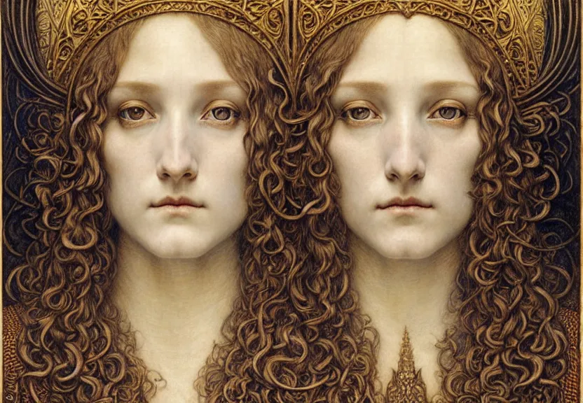 Image similar to detailed realistic beautiful young medieval queen face portrait by jean delville, gustave dore and marco mazzoni, art nouveau, symbolist, visionary, gothic, pre - raphaelite. horizontal symmetry