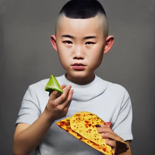 Image similar to dramatic portrait of chinese boy buzz cut, holding a taco, digital painting