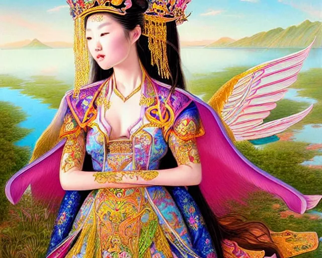 Image similar to portrait of a beautiful asian mongolian princess goddess spreading its wings, portrait of princess wearing a beautiful ornate crown, in the background lake baikal is seen, in the art style of bagshaw tom artgerm and bowater, charlie, by bagshaw tom, artgerm and bowater, charlie - - height 6 4 0