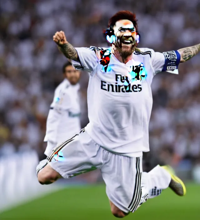 a photo of messi wearing a real madrid shirt - Playground AI