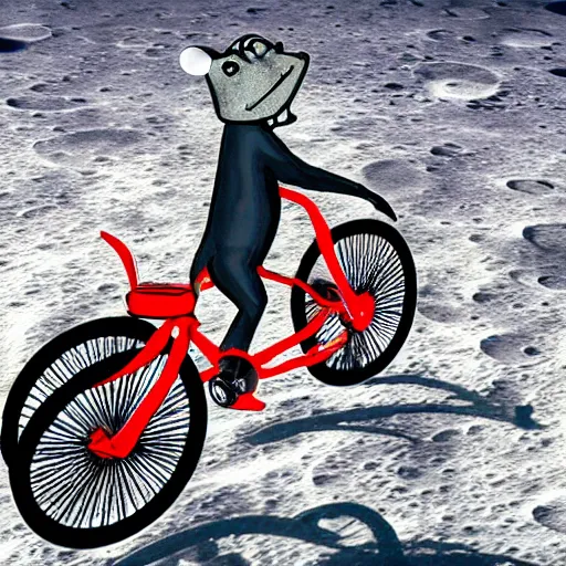 Image similar to a stainless steel bike, made of swiss cheese wheels, a cartoonish rat riding the bike on the surface of the moon and, photorealistic