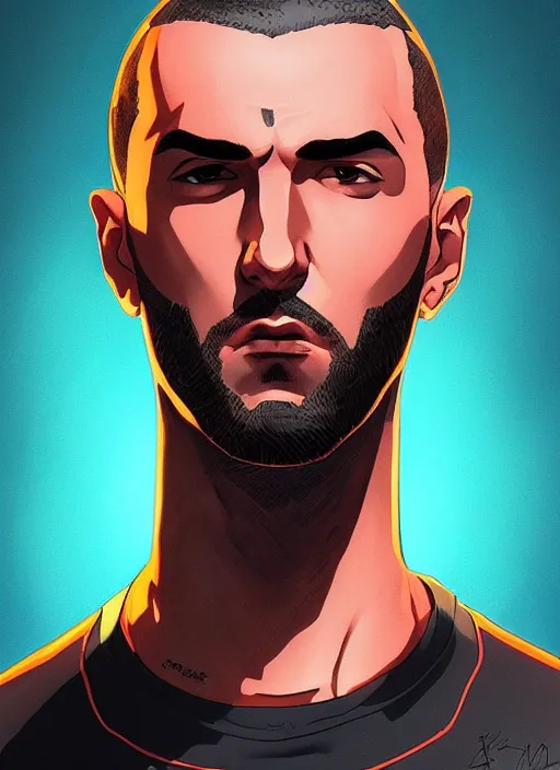 Prompt: portrait of karim benzema, epic lighting, in the style of artgerm and charlie bowater and atey ghailan and mike mignola, vibrant colors and hard shadows and strong rim light, comic cover art, plain background, trending on artstation