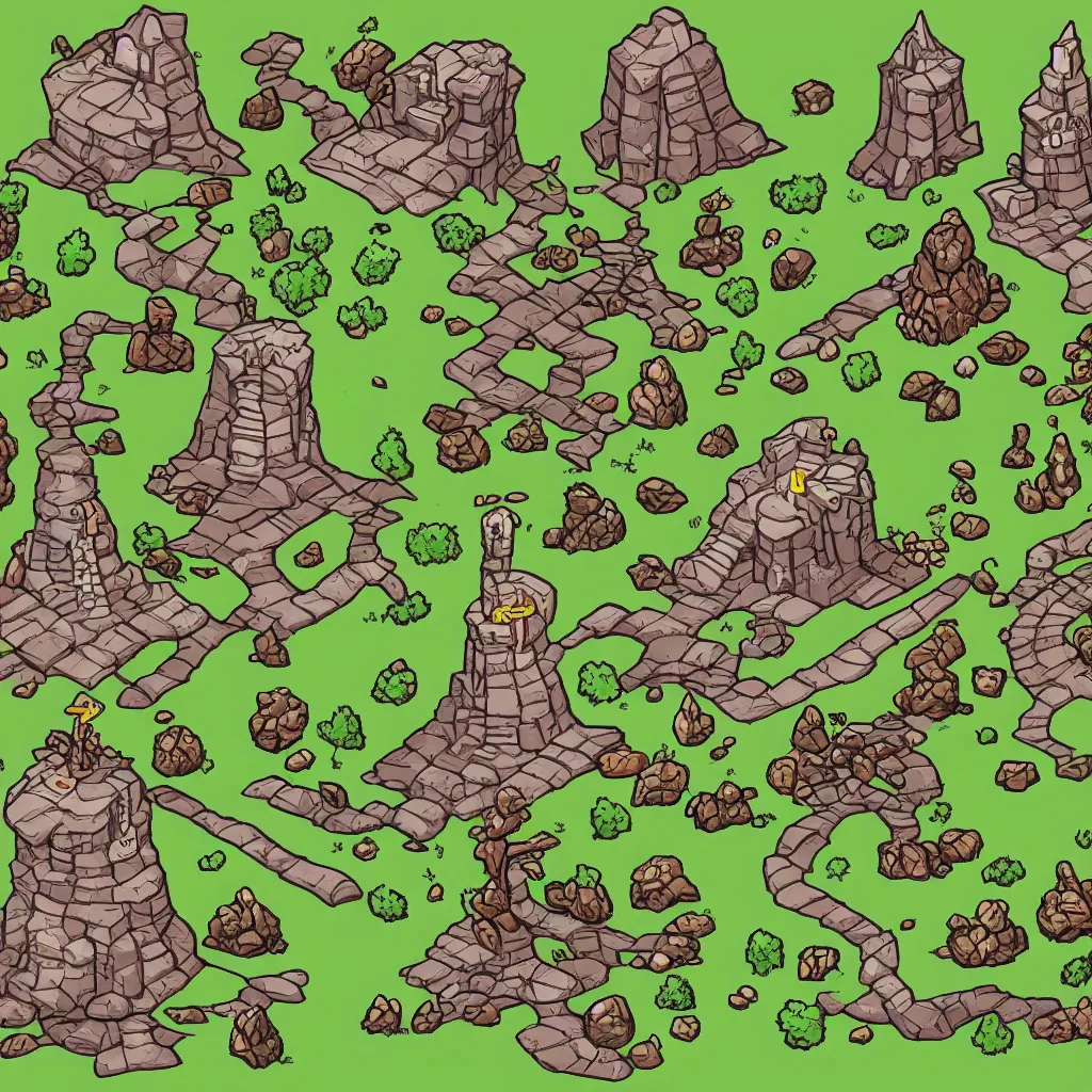 Image similar to ground, tree, rock and wizard tower, on a game tileset, lineart