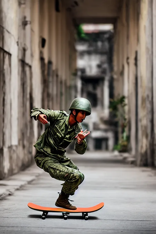 Image similar to vietnam soldier playin skateboard, photorealistic, smooth, 4 k, aesthetic lighting, baroque object, hyperdetailed, professional photography, pullitzer winning, photo by : canon eos 5 d mark iv, by karah mew and adnan abidi