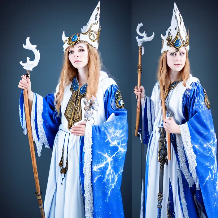 Prompt: photograph of a real-life beautiful sky witch with ornate white and blue robes and staff. Extremely detailed. 8k