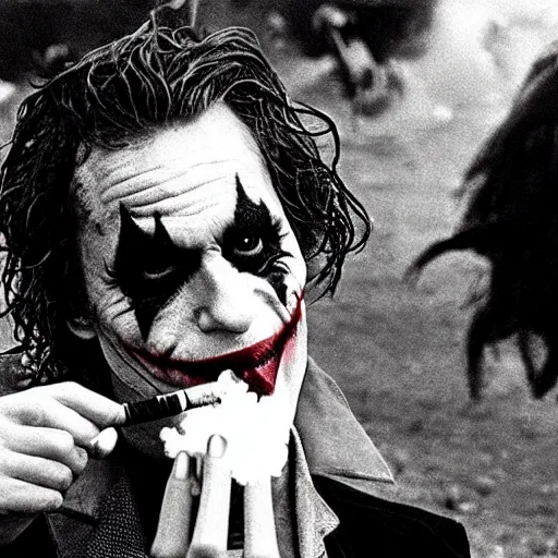 Image similar to photograph of the joker smoking a bong at woodstock, hazy, bloodshot eyes, laughing, circa 1 9 6 9